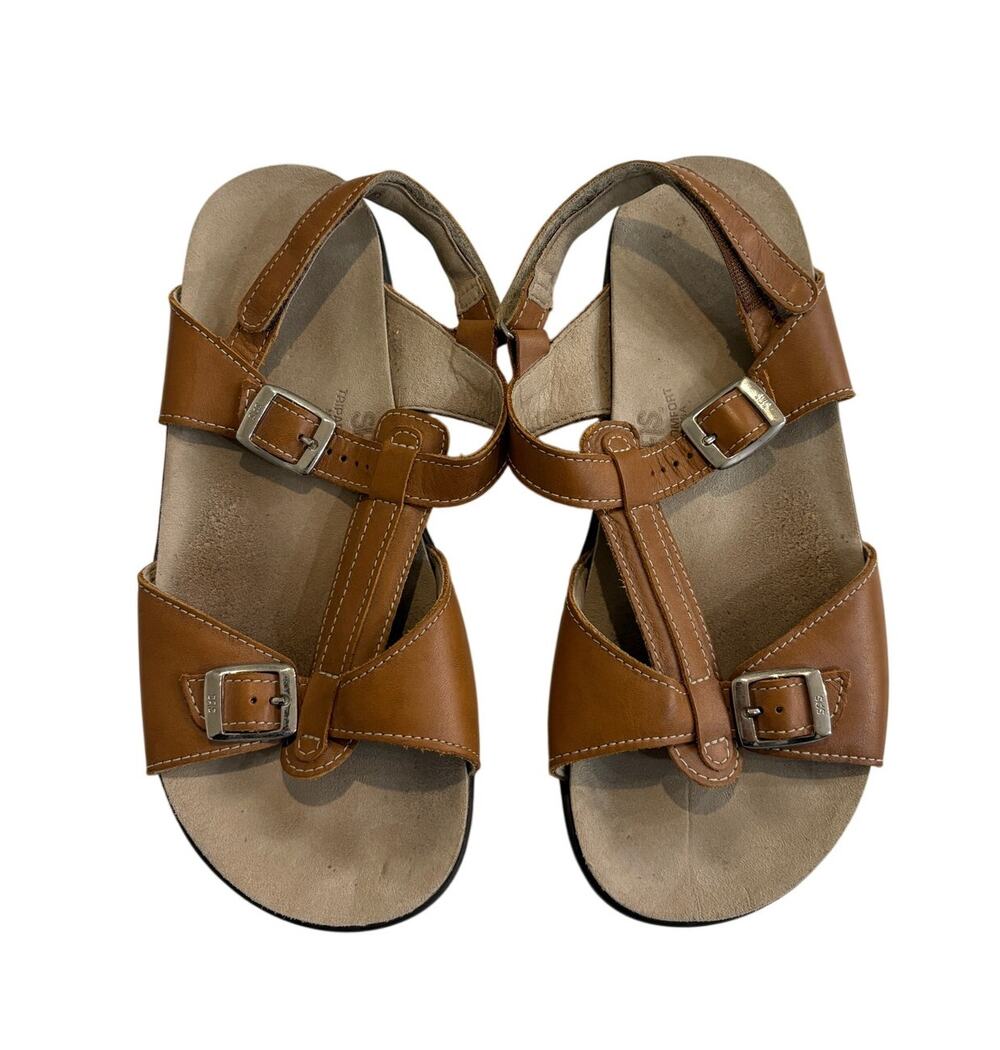 SAS Captiva Sandals 11 Wide Tan Leather T-Strap Comfort Sole TriPad Adjustable